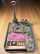 A group of antique ink wells, a T B Winter & Son, Newcastle hygrometer,