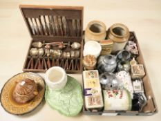 Assorted ceramics, canteen of cutlery, stainless steel tea service, stone ware jars, etc.