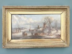 19th Century Dutch School : Figures on a frozen river by windmills, oil on canvas, 73 cm x 36 cm.