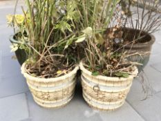 A large pair of glazed earthenware garden planters and a further pair of planters.