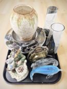 A pottery vase and similar fruit bowl, pair of etched smoked glass vases, dolphin ornament,