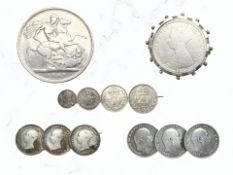 A Victorian crown 1889, a Gothic florin, a Maundy set 1894, three half farthings 1844,
