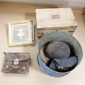 A Victorian mahogany writing box, Masonic wallet, small quantity of photographs, bowler hat,