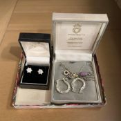 A pair of silver cluster earrings with post fittings, together with an opaline pendant,