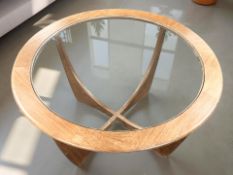 A G Plan Astro circular teak coffee table with glass inset top,