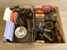 Assorted vintage tins, wooden fishing reel, bugle, metal wares, Wedgwood plates, etc.