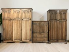 A Crown Furniture oak three piece bedroom suite comprising a triple door wardrobe,