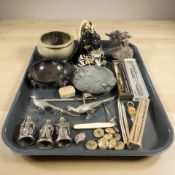 An enameled brass bell, Indian engraved brass bowl, oriental polished hardstone tree ornament,