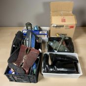 Assorted items including camping stove, electric cable hoist, lantern, vice, sports equipment,