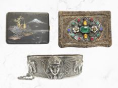 A Japanese Shakudo ware vesta case decorated with a landscape with Mount Fuji, width 7.