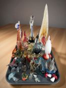 A collection of Italian studio glass bird ornaments, other animal figures,