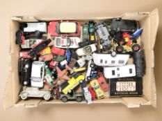 Assorted unboxed die cast cars including Matchbox, set of dominoes, pair of binoculars, etc.