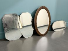 Three 20th century frameless mirrors, together with a further oak framed example,
