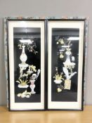 A pair of oriental polished shell work pictures, each 80 cm x 33 cm.
