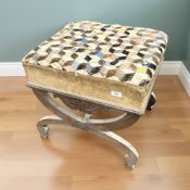 An early 20th century mahogany X-framed stool, with geometric fabric cushion, width 52 cm.