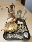 A 19th century copper plate coffee pot, a Victorian brass teapot, various collector's spoons,