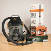 A Titan wet/dry vacuum cleaner, and a boxed Bosch angle grinder,