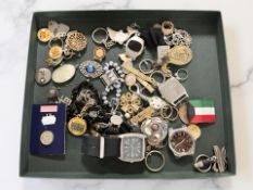 Assorted costume jewellery, lady's and gent's wristwatches, keyrings, proof one pound coin, etc.