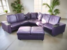 A Norwegian Stressless stitched purple leather corner lounge suite with matching footstool,