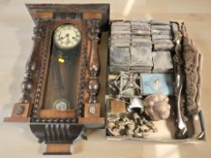 A wall clock, together with a group of treen, amethyst geode specimen,