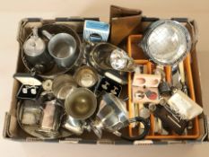 A group of EPNS wares including two hip flasks, tea wares, cutlery,