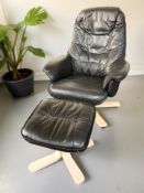 A Scandinavian bentwood lounge armchair with black leather cushion and matching footstool