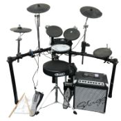 A Roland TD-4 percussion sound module, together with a Stagg HD EDA40 amplifier and Mapex stool.