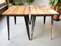 A pair of pine topped tables on enamelled metal legs each 80 cm x 60 cm x 78 cm