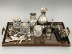 An inlaid mahogany twin handled tray, together with a group of EPNS vases, cutlery,