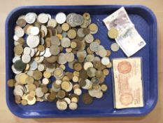 A quantity of 20th century world coins, British ten shilling note, a further Turkish bank note, etc.