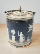 A Wedgwood Jasperware swing-handled biscuit barrel with EPNS mounts,