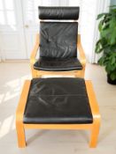 A Scandinavian bentwood lounge armchair with black leather cushion and matching footstool
