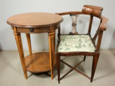 A Victorian corner armchair and a reproduction oval occasional table.