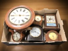 A group of clocks and timepieces including a Smiths bakelite Art Deco mantel clock.