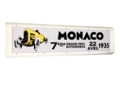 A reproduction enameled metal light up sign 'Monaco Grand Prix', 127 cm x 35 cm.