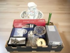 A group of boxed glass wares including a Dartington crystal vase, pair of EPNS sifters,