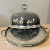 An EPNS domed entrée cover, together with a twin-handled gallery serving tray, width 52 cm.