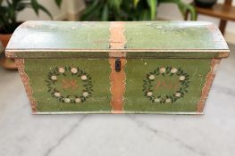 A 19th century continental painted pine domed blanket chest, dated 1853, width 144 cm.