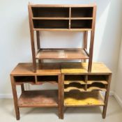 Three continental beech low side tables, fitted with shelves, tallest 68 cm.