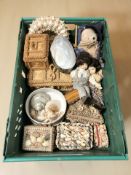 A collection of shell work trinket boxes, similar pair of small circular mirrors,