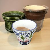 Three ceramic plant pots including a T F & Sons Limited Etruscan planter in green glaze,