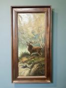 T Macaulay : Highland stag on a mountainside, oil on canvas, 32 cm x 76 cm.