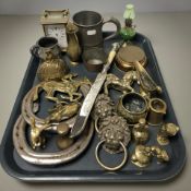 A French brass-cased carriage timepiece, together with assorted brass wares, iron horseshoes,