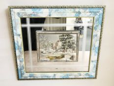 A decorative mirror with central silver overlaid panel, 57 cm x 50 cm.