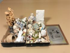 Assorted ceramic and resin figurines, china flower posies, stoneware items, a picture mirror, etc.