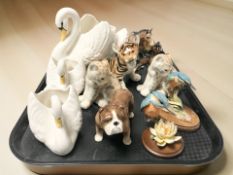 A group of animal ornaments including USSR Lomonosov figures of tigers, three Sylvac swan planters,