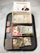 A group of coins and bank notes to include Malaya one cent notes circa 1940's,