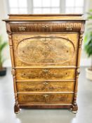 A late 19th century continental burr walnut secretaire cabinet, 105 cm x 55 cm x 149 cm.
