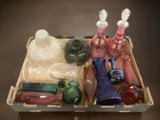A group of studio glass vases, cranberry glass decanters, large goblet, Murano vase, etc.