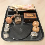 A Victorian ebony glove box with applied silver initial 'B', together with a matching hand mirror,